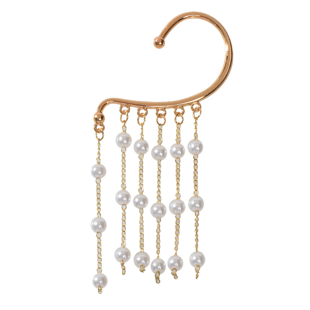 1 pc Pearl Decoration Long Gold Chain Tassel Ear Cuff Dangle Statement Earrings