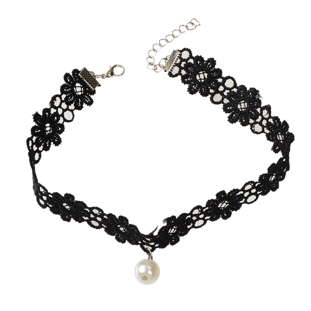 Black Elastic Pearl Charm Lace Flower Boho Gothic 90s Tattoo Choker Retro Collar