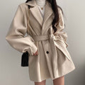 Retro Tailored Coat with Tie at Collar, Waist-Slimming Sleeve, and Puff Sleeve