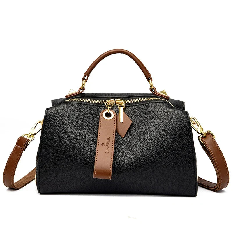 Crossbody Tote Bag Solid PU Leather Shoulder Women (Black)