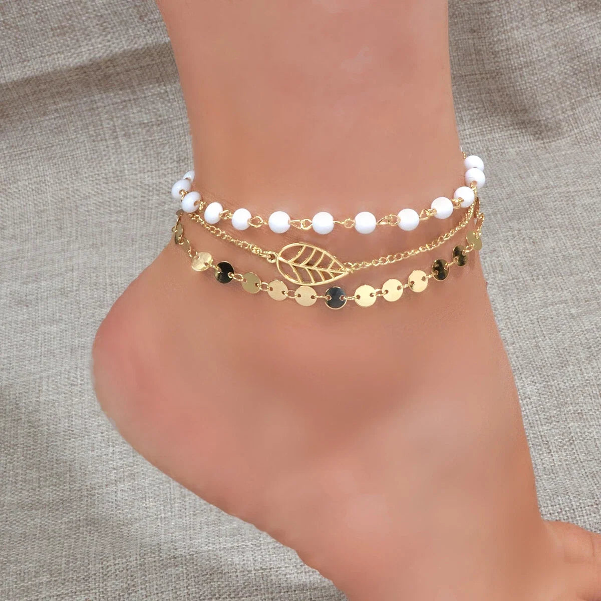 1 pc Foot Beach Jewellery Gold Silver Multi-layer Chain White Beads Leaf Anklet