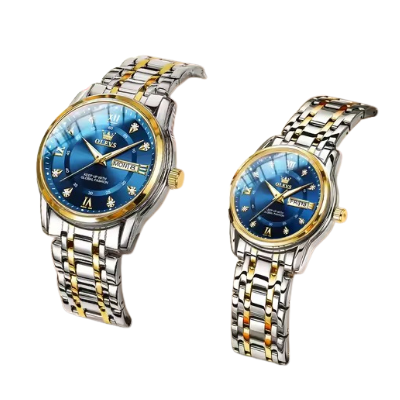 Quartz Couple Watch Stainless Steel Waterproof Pair (Gold Blue)